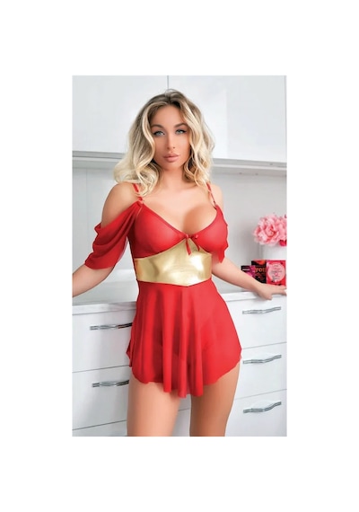 Ang Butik Kadın Sarı Kuşak Detaylı Kırmızı Gecelik