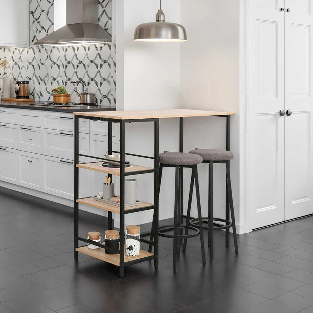 Step-up 2 Tabureli Yüksek Ayaklı Raflı Yemek Masası Ceviz/siyah 100x50x100 Ceviz