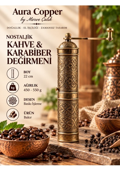 Aura Copper Nostaljik Manuel Kahve Karabiber Değirmeni 22 Cm Bakır Öğütücü - Altın - Çok Renkli