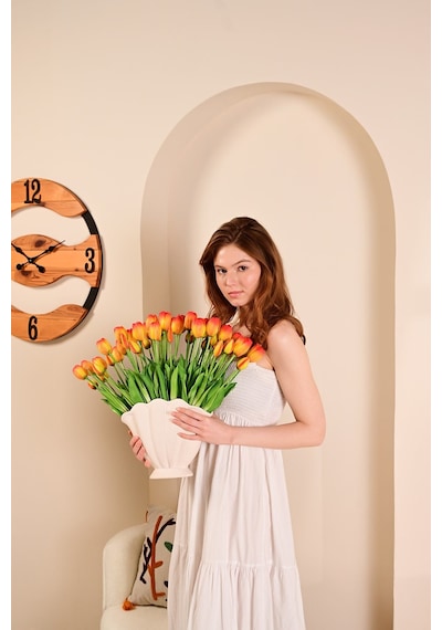 Turuncu Yapay Tulipa Lale Çiçeği Buketi 5 Dallı Premium Canlı Islak Dokulu 43 Cm