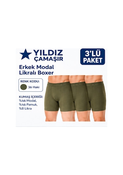 Yıldız Çamaşır Erkek Modal Likralı Boxer 36-37-38-39-40-41-42 - 3 Adet Haki