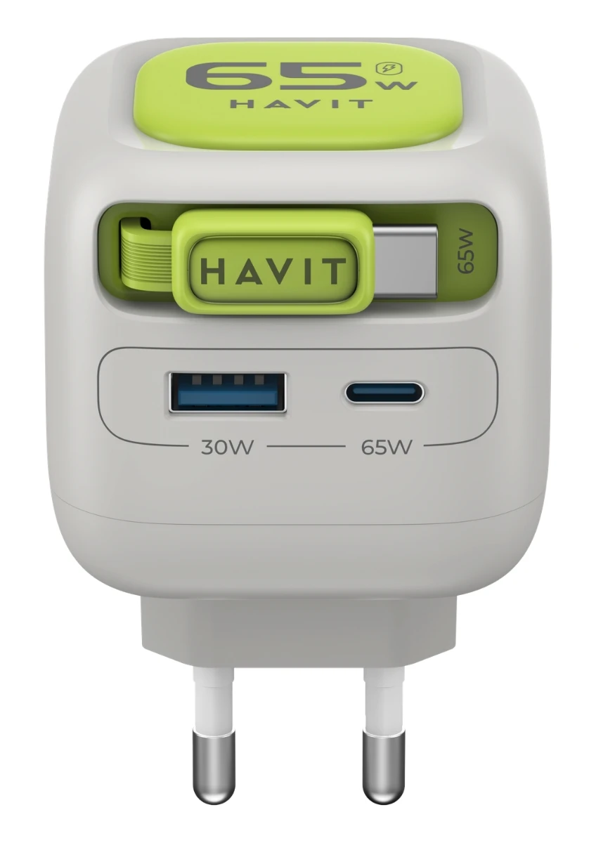 Havit Uc253 65w Gan Hızlı Şarj Adaptörü Geri Çekilebilir Kablolu Pd Type-c - Gri Yeşil