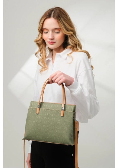 Just Polo 5 Bölmeli Şık El & Omuz Çantası Shoulder Bag Ebat : 22 X 25 Cm Yeşil - Taba