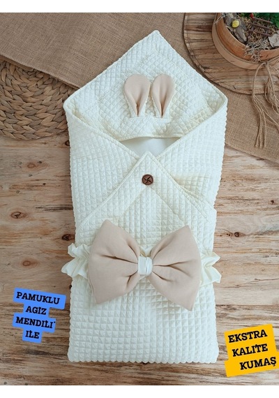 Ekru & Tavşan Kulaklı Bebek Battaniyesi - %100 Pamuklu Mevsimlik Bebek Kundağı Ekru