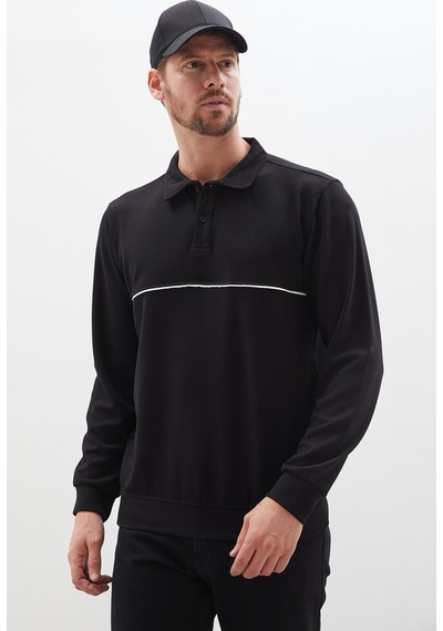 Fullamoda Çizgili Polo Yaka Yarım Düğmeli Sweatshirt Siyah