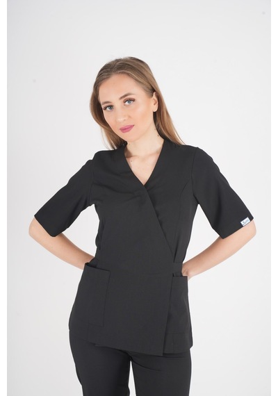 Siyah Elegant Model Cerrahi Üniforma Belden Bağlamalı Scrubs Takım Siyah