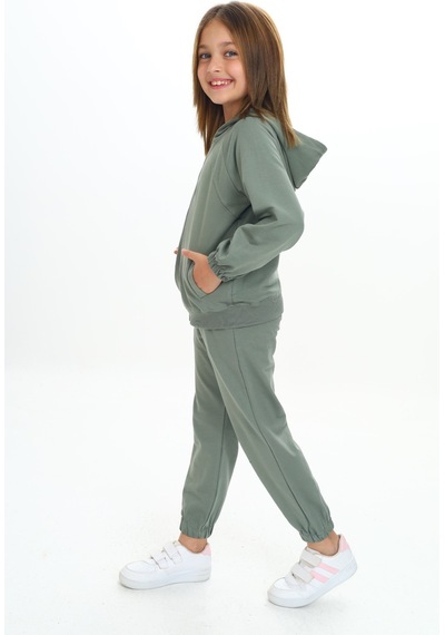 Toontoy Kids Kız Çocuk 2'li Takım Kapüşonlu Cepli Reglan Kol Sweatshirt & Beli Paçası Lastikli Cepli Jogger Eşofman Altı - 2 İplik Yeşil