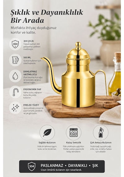 Komple 304 Çelik Gold 500 Ml Yağdanlık Sosluk Ve Sirkelik Mt271sr Altın