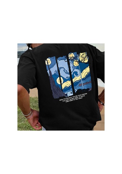 Caddemia Yaz Moda Rahat Gevşek Spor Yağlıboya Desen Baskılı Yuvarlak Boyun Kısa Kollu Siyah 2XL Caddemia Yaz Moda Rahat Gevşek Spor Yağlıboya Desen Baskılı Yuvarlak Boyun Kısa Kollu Siyah 2XL