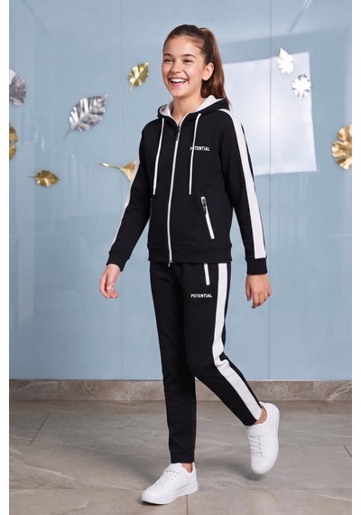 Pina Kids Kız Çocuk Potential Kalın Şeritli Kapüşonlu Düz Paça Dalgıç Kumaş Eşofman Takımı Esf7016 siyah Pina Kids Kız Çocuk Potential Kalın Şeritli Kapüşonlu Düz Paça Dalgıç Kumaş Eşofman Takımı Esf7016 siyah