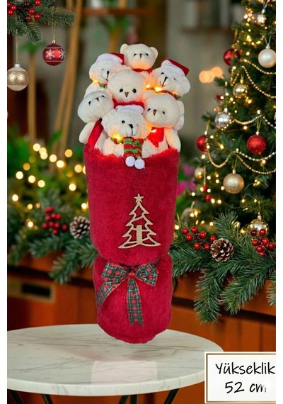 Deluxe Yılbaşı Temalı Led Işıklı Noel Ayıcıkları Kırmızı Peluş Silindir Vazo Tasarımlı Atkılı Ayıcık Buketi