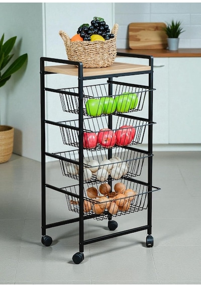 Dekoratif Tekerlekli Metal Sebzelik 4 Tel Sepetli Çam Ahşap Raflı Çok Amaçlı Stand Çok Renkli Dekoratif Tekerlekli Metal Sebzelik 4 Tel Sepetli Çam Ahşap Raflı Çok Amaçlı Stand Çok Renkli
