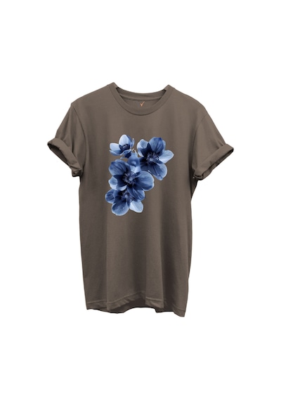 Mavi Çiçek Desenli Kadın %100 Pamuk Regular Fit Bisiklet Yaka T-shirt Kahverengi