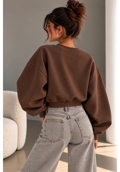 Bbbutikbasic 3 İplik Şardonlu Kısa Sweatshirt Bisiklet Yaka Kadın 3 İplik Şardonlu My3535 Kahverengi