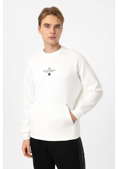 Backandbond Beyaz Regular Fit Pamuklu Bisiklet Yaka Kanguru Sweatshirt