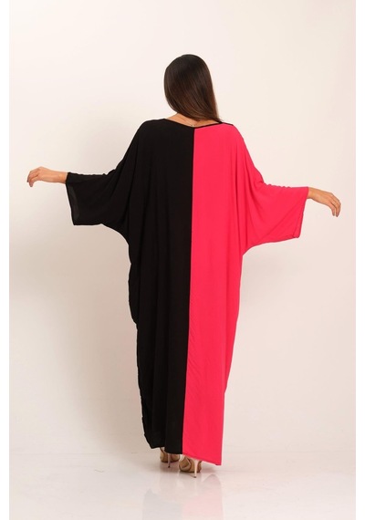 Keyifli Moda Kadın Pembe Siyah Garnili V Yaka Eteği Nakışlı Cepli Oversize Uzun Elbise - Pembe