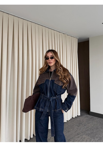 Laluvia Lacivert - Kahve Bağlamalı Ceket Pantolon Denim Takım - 0836 Lacivert