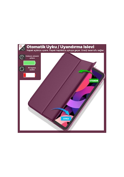 İpad 11. Nesil A16 Ve 10. Nesil 10.9" Uyumlu Kılıf A3355 A2696 Ultra İnce Standlı Kapak Mürdüm Kapaklı Kılıf