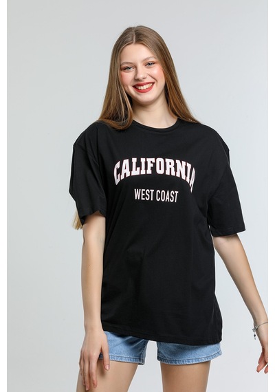 Kadın Bisiklet Yaka Regular Fit Californıa Baskılı Tişort Spr21y 001