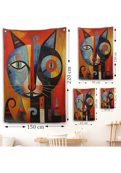 Pablo Picasso Tarzı - Soyut Renkli Kedi Duvar Örtüsü-7371
