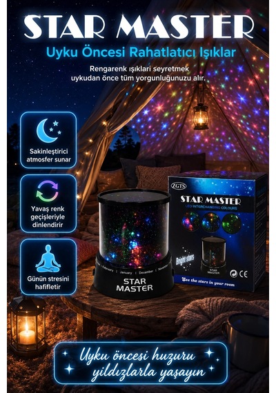 Dekoratif Led Yıldız Gece Lambası Renkli Işık Efektli Oda Atmosfer Projektörü Çok Renkli