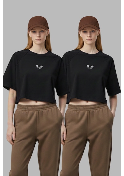 Soft&Basic Kadın 2'li Nakışlı Regular %100 Organik Pamuk Yuvarlak Yaka Kısa Crop T-shirt Siyah-siyah