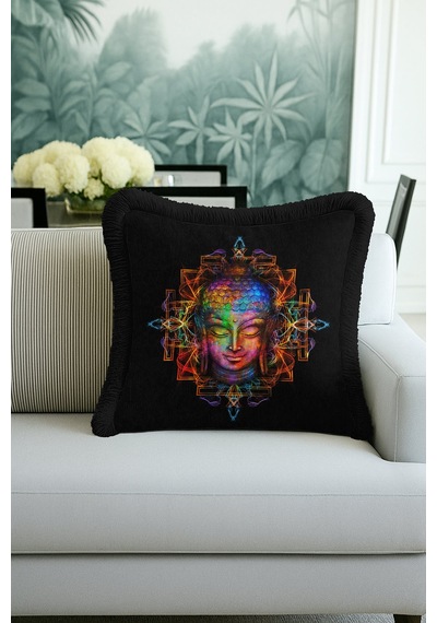 Spiritüel Zen Mandala Saçaklı Yastık Kılıfı - Meditasyon Temalı Bohem Siyah Püsküllü Kırlent Kılıfı Çok Renkli