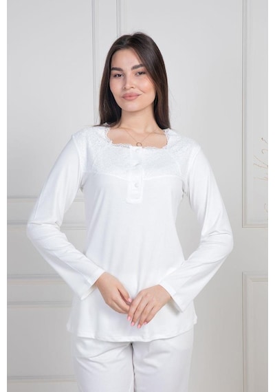 Mecit Pijama Mecit 6104 Bayan Ekru Büyük Beden Uzun Kollu Pijama Takımı Ekru
