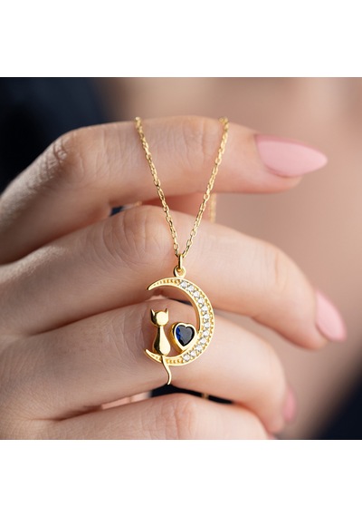 Vaoov 925 Ayar Gümüş Kalp Taşlı Ay Ve Kedi Kolye Gold