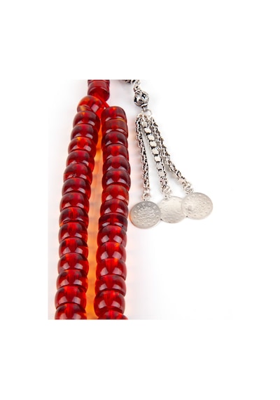 Osmanlı Ateş Kehribar 1900'ler Dönem İşi 925 Ayar Gümüş Püskül Fıçı Kesim 14x8mm Tesbih Kırmızı