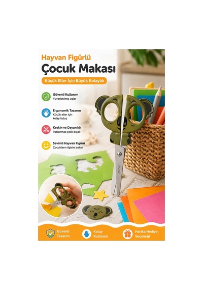 Koala Figürlü Makas 1 Adet Bubu Küt Uç Korumalı Okul Makası Çocuk Kağıt Makası Okul Öncesi Kreş Ana Sınıfı