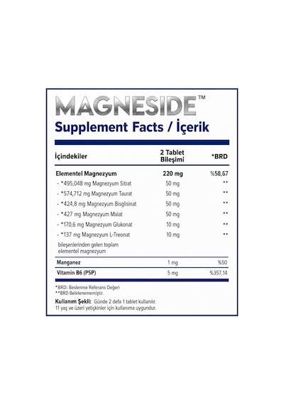 Magneside Magnezyum Kompleks Ve Vitamin B6 P5p İçeren 6'lı Form 60 Tablet
