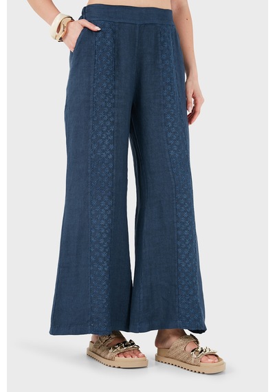 Via Dante % 100 Keten Relaxed Fit Brode İşlemeli Pantolon Bayan Pantolon 69912211 İndigo
