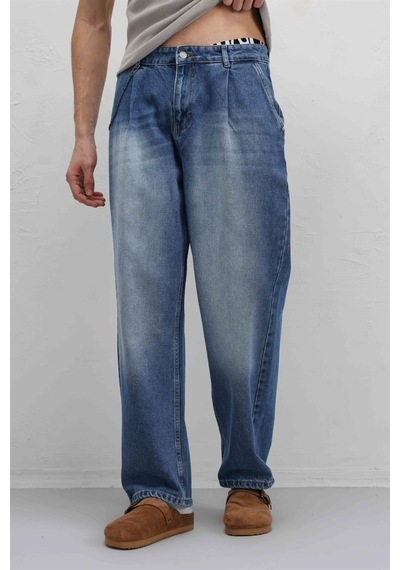 Vamos Pileli Zincir Detaylı Baggy Jean Mavi