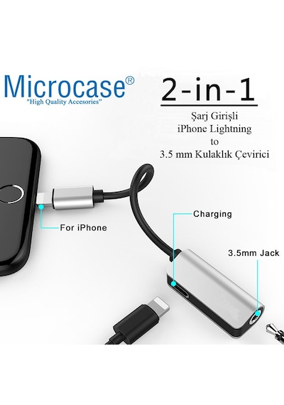 Apple Uyumlu iPhone Lightning Splitter 2in1 Şarj Ve Kulaklık Çevirici - My032 Gri