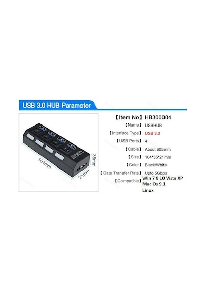 4 Port Usb 3.0 Çoklayıcı Hub Anahtarlı Işıklı On Off 4579P