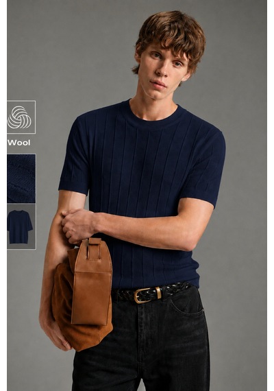 Cool Tarz Erkek Çizgili Triko Tişört Bisiklet Yaka Slim Fit Kısa Kollu Lacivert Lacivert
