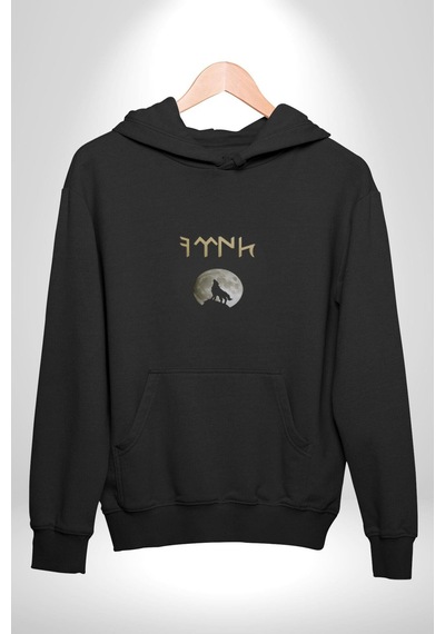 Türk Kurt Beyaz Ay Kadın Erkek Siyah Kapüşonlu Sweatshirt Hoodie Siyah