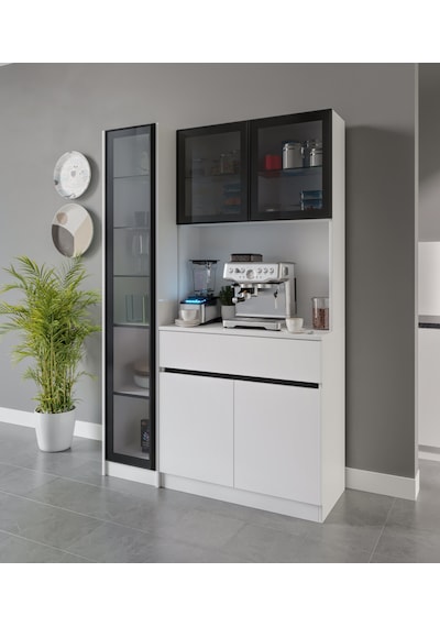 Moon Midi Sol Vitrinli Kahve Köşesi Komple Mdf Led Mutfak Dolabı Beyaz