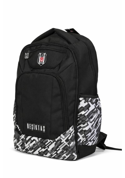 Beşiktaş Lisanslı Çok Bölmeli Sırt Çantası - Su İtici Kumaşlı Desenli Laptop Okul Çantası Siyah - Beyaz - Gri