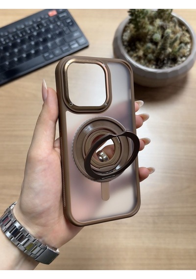 Apple Uyumlu iPhone 14 Pro Standlı Ve Yüzüklü Magsafe Kılıf Soocase721 Kahverengi