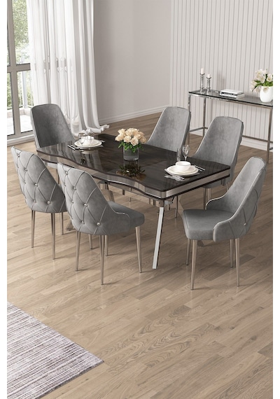 Canisa Vae Serisi 90x160 Lak Panel Antrasit İroni Krom Ayak Masa Takımı 6 Gri Sandalye Gri Canisa Vae Serisi 90x160 Lak Panel Antrasit İroni Krom Ayak Masa Takımı 6 Gri Sandalye Gri
