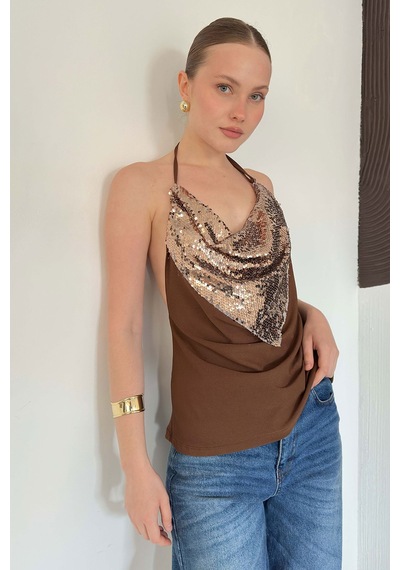 Verymoda Pullu Askılı Bluz D3079 Kahve Bakır
