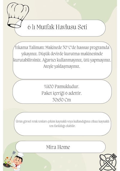 6'lı Mutfak Havlusu Seti 30x50 Cm %100 Pamuklu Reyhan Çok Renkli