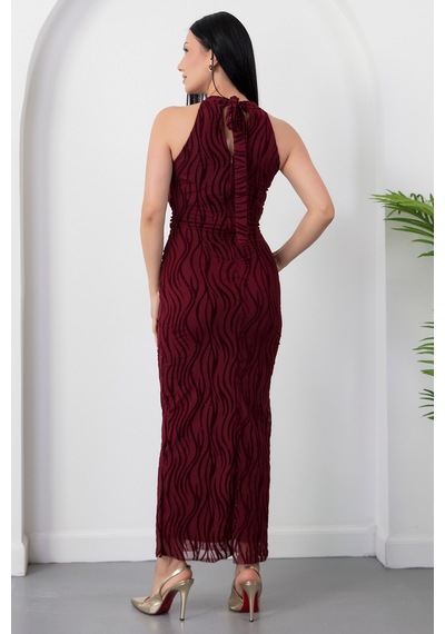 Kalopya Halter Yaka Beli Tokalı Bağlamalı Elbise Grs4023 Bordo