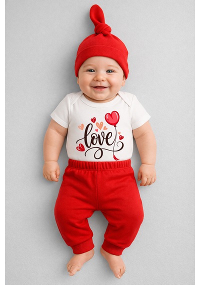 Babyden's Love Baskılı 3 Lü Bebek Takımı Kısa Kol Çıtçıtlı Body,pantolon Ve Şapka Set Kırmızı - Beyaz