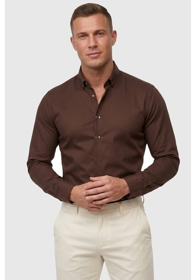 Deepsea Kahve Slim Fit Likralı Kolay Ütülenebilir Gizli Düğmeli Erkek Gömlek 2602614