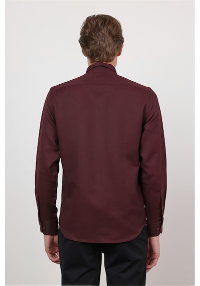İmza Bordo Düğmeli Yaka Uzun Kol Cepsiz Slim Fit Pamuklu Gömlek 1004260203