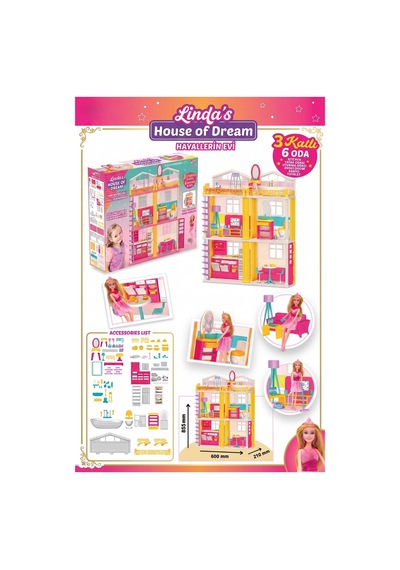 Linda'nın Düşler Evi 3 Katlı 6 Odalı Eşyalı Oyuncak Bebek Evi Büyük Boy 85 Cm