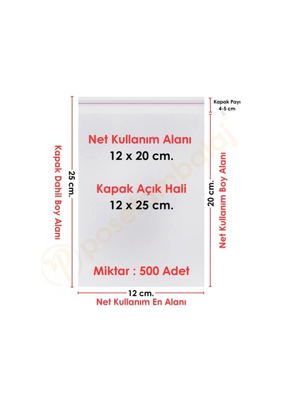 12x20+5 Cm. 12x25 500 Adet Şeffaf Bantlı Yapışkanlı Opp Poşet